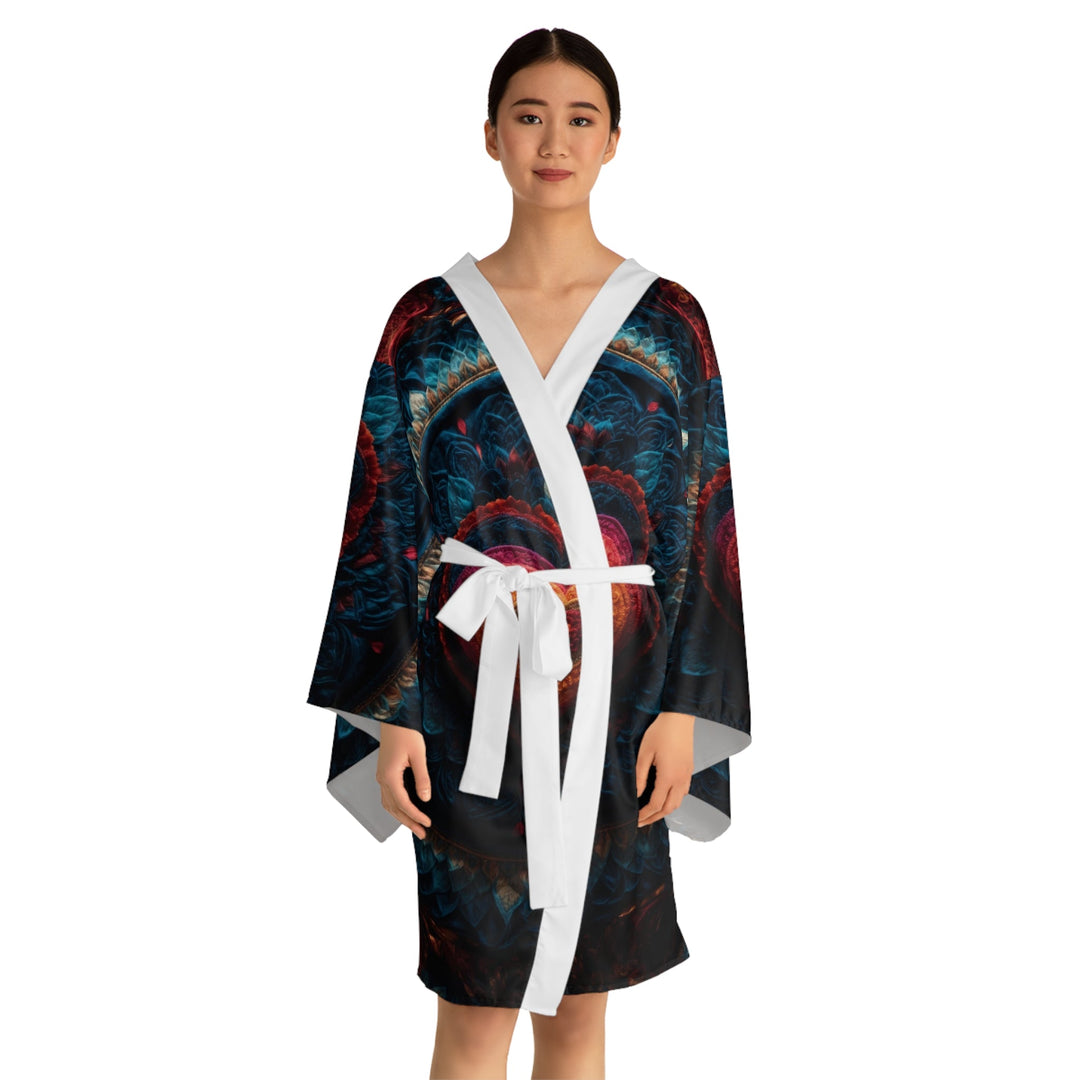 Nested Heart Tapestry - Long Sleeve Kimono Robe - All Over Prints - g(0D·IO) - XS - Black -