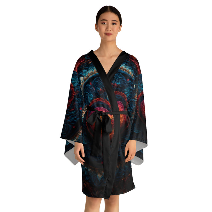 Nested Heart Tapestry - Long Sleeve Kimono Robe - All Over Prints - g(0D·IO) - XS - Black -