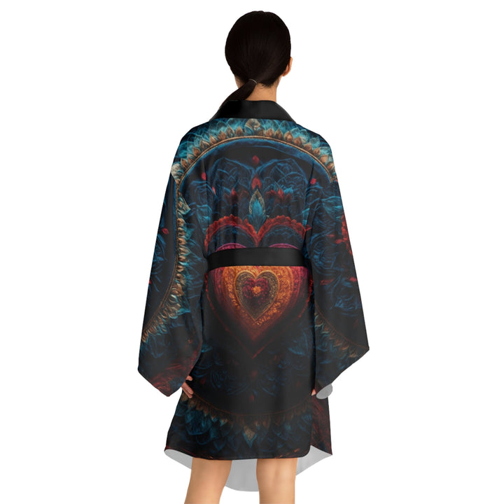 Nested Heart Tapestry - Long Sleeve Kimono Robe - All Over Prints - g(0D·IO) - XS - Black -