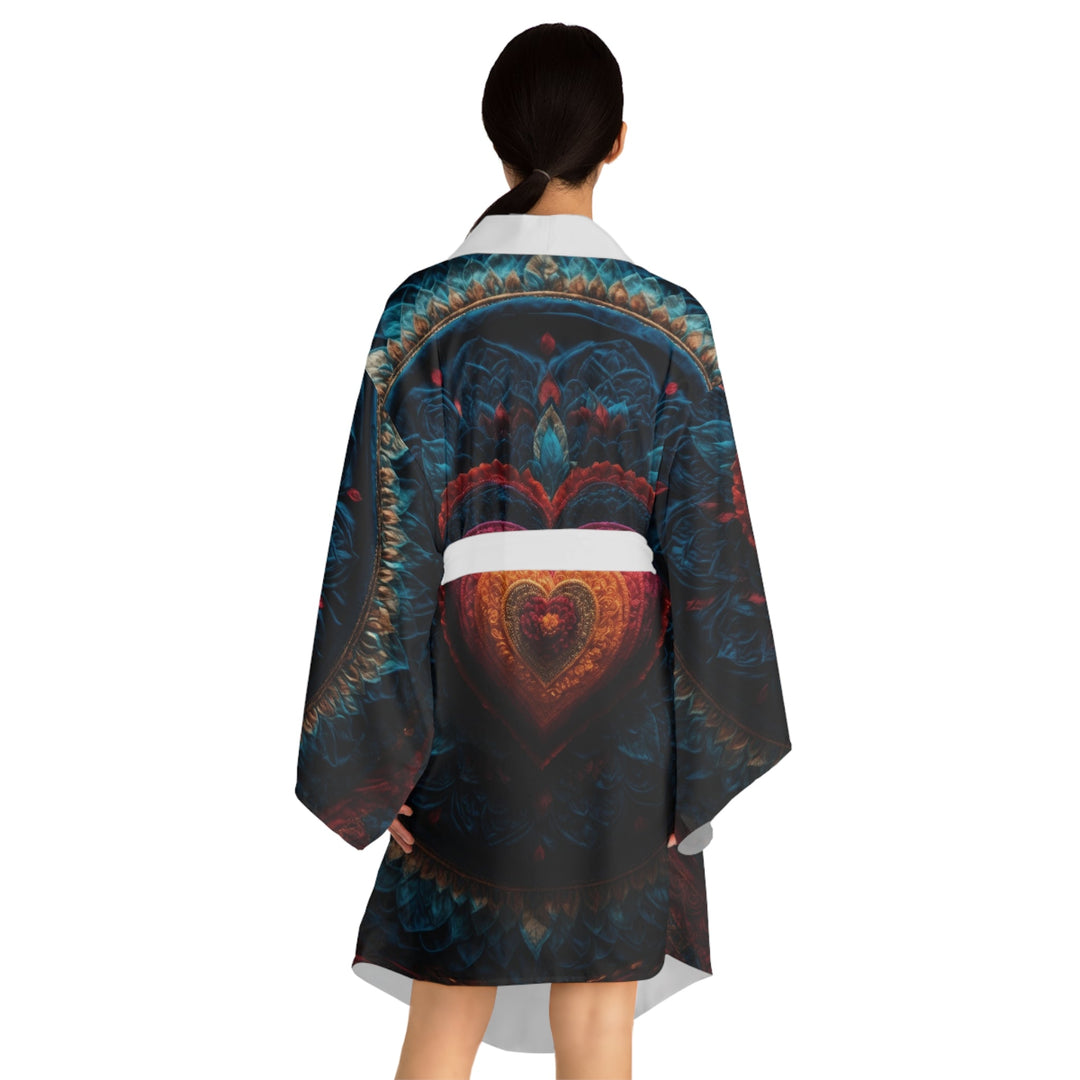 Nested Heart Tapestry - Long Sleeve Kimono Robe - All Over Prints - g(0D·IO) - XS - Black -