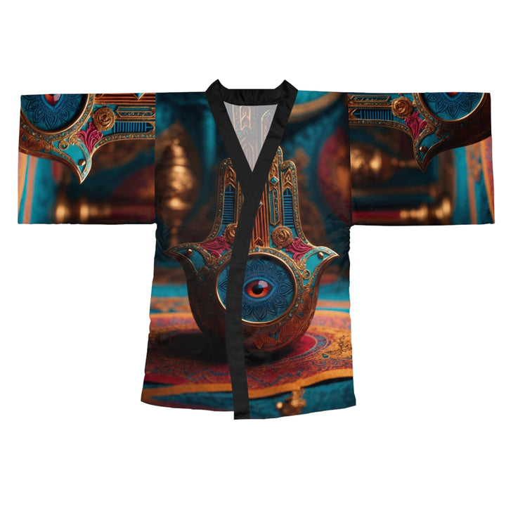 Ornate Hamsa Eye - Long Sleeve Kimono Robe - All Over Prints - g(0D·IO) - XS - Black -