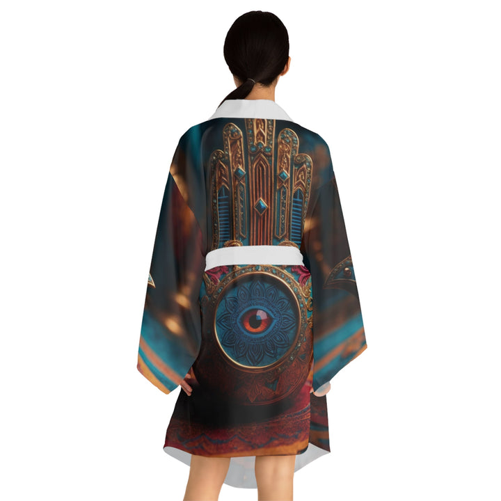 Ornate Hamsa Eye - Long Sleeve Kimono Robe - All Over Prints - g(0D·IO) - XS - Black -