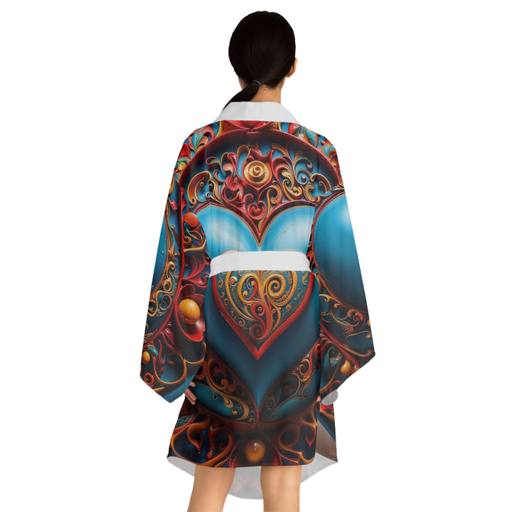 Ornate Heart Mandala - Long Sleeve Kimono Robe - All Over Prints - g(0D·IO) - XS - Black -