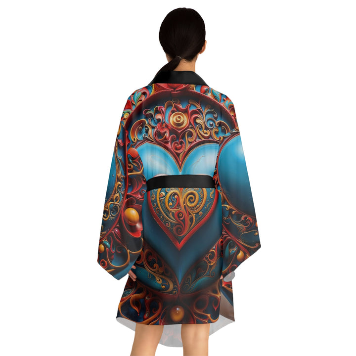 Ornate Heart Mandala - Long Sleeve Kimono Robe - All Over Prints - g(0D·IO) - XS - Black -