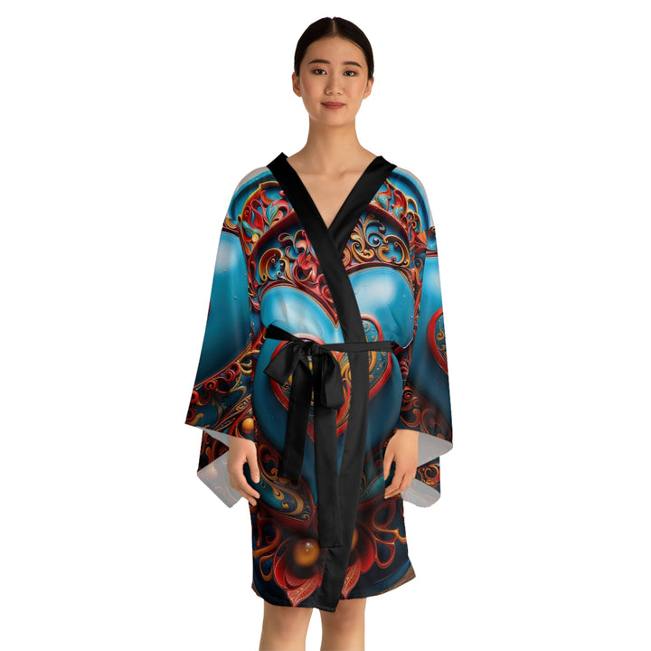 Ornate Heart Mandala - Long Sleeve Kimono Robe - All Over Prints - g(0D·IO) - XS - Black -