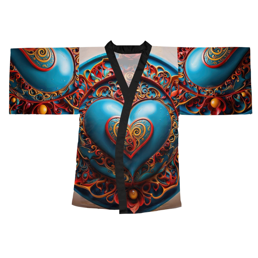 Ornate Heart Mandala - Long Sleeve Kimono Robe - All Over Prints - g(0D·IO) - XS - Black -