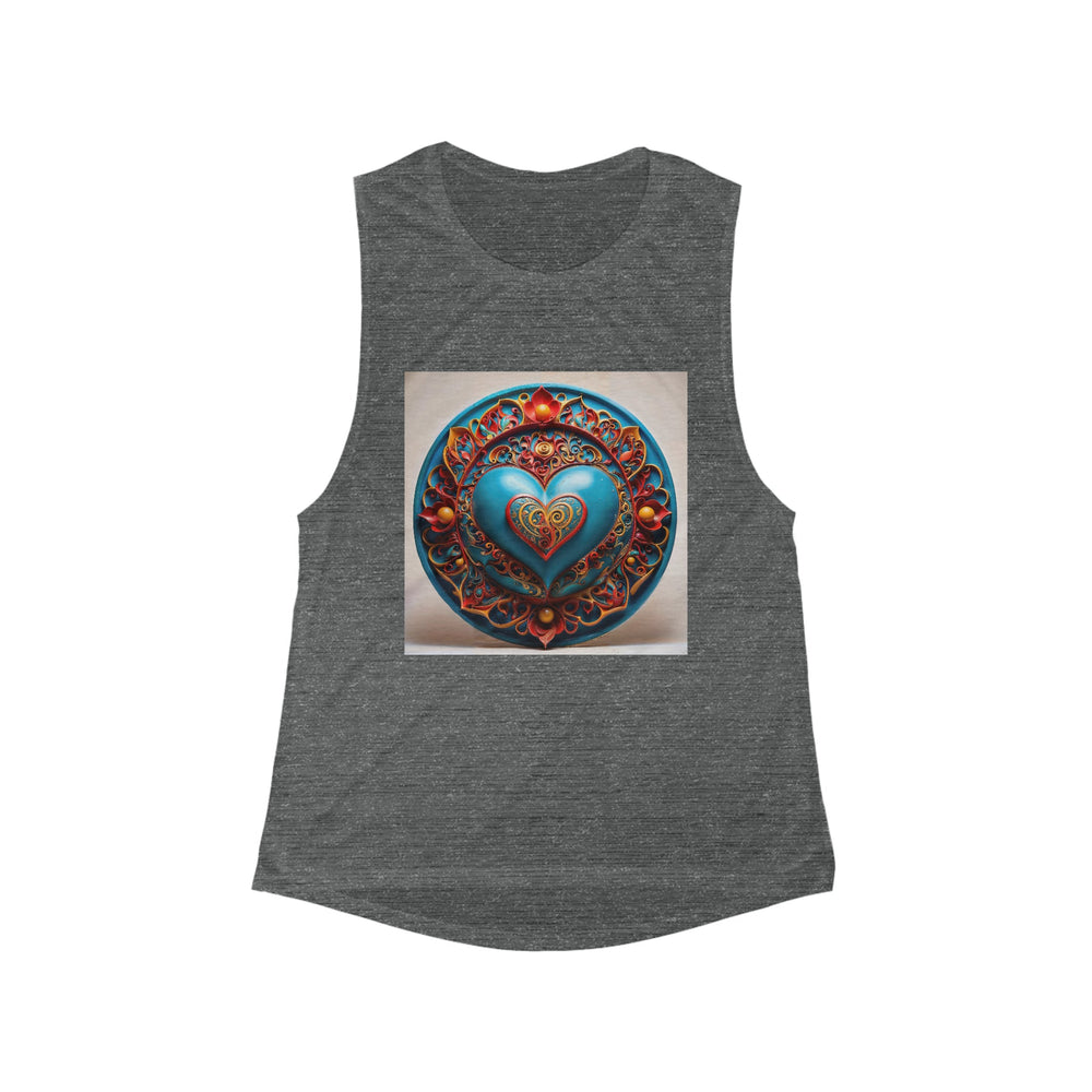 Ornate Heart Mandala - Women's Flowy Scoop Muscle Tank - Tank Top - g(0D·IO) - S - Asphalt Slub -