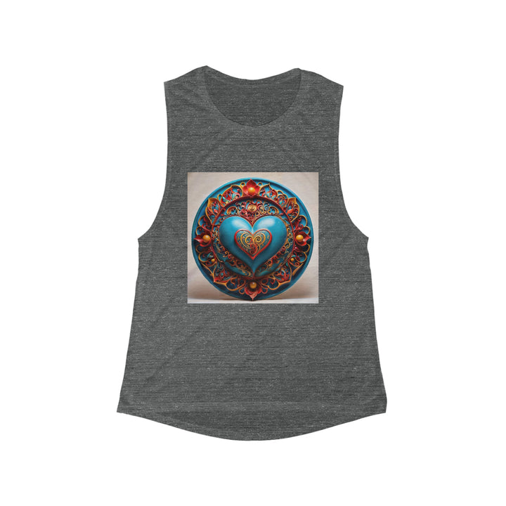Ornate Heart Mandala - Women's Flowy Scoop Muscle Tank - Tank Top - g(0D·IO) - S - Asphalt Slub -