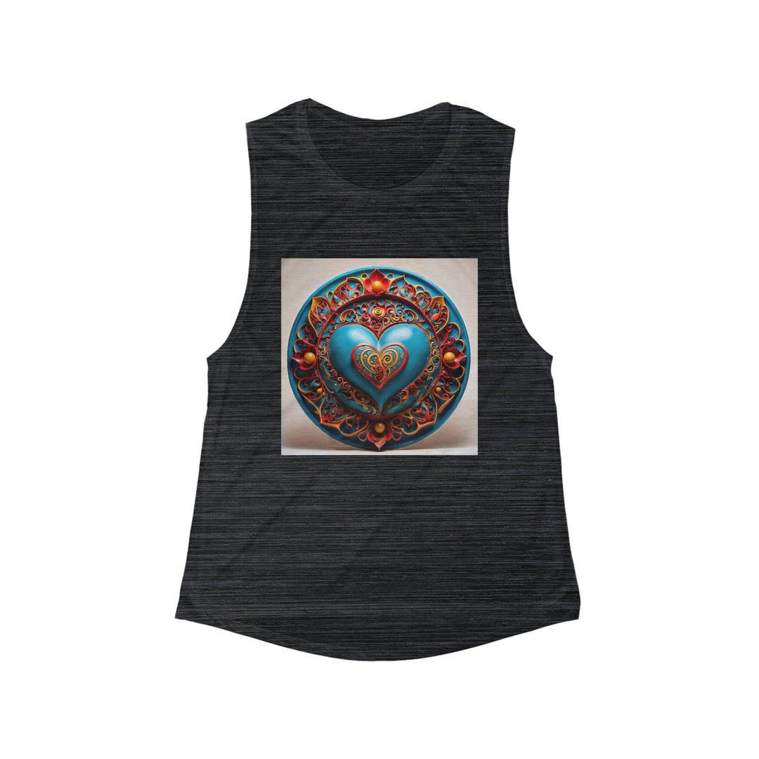 Ornate Heart Mandala - Women's Flowy Scoop Muscle Tank - Tank Top - g(0D·IO) - S - Black Slub -