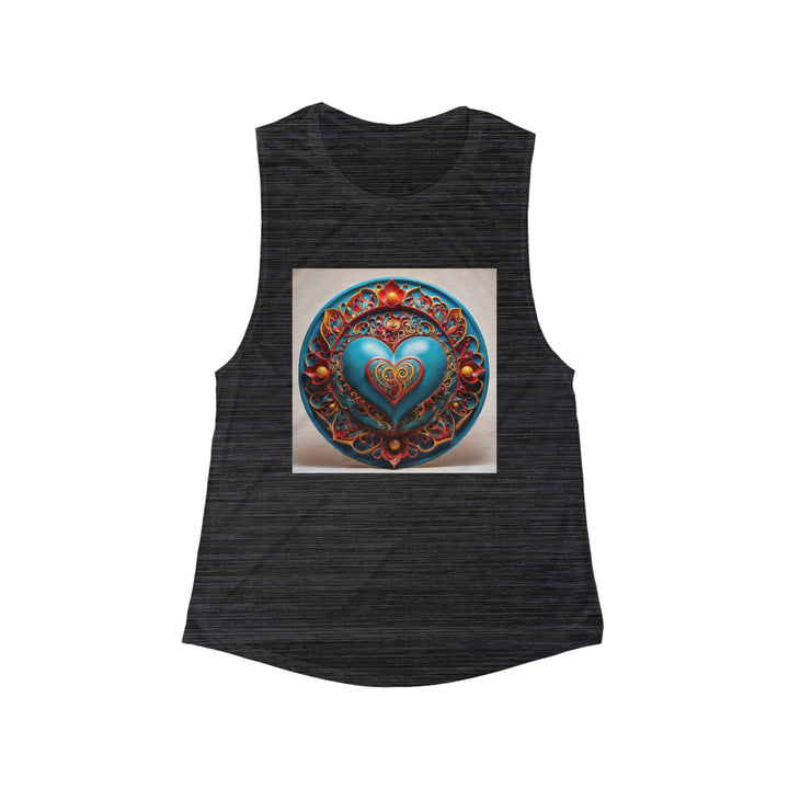 Ornate Heart Mandala - Women's Flowy Scoop Muscle Tank - Tank Top - g(0D·IO) - S - Black Slub -