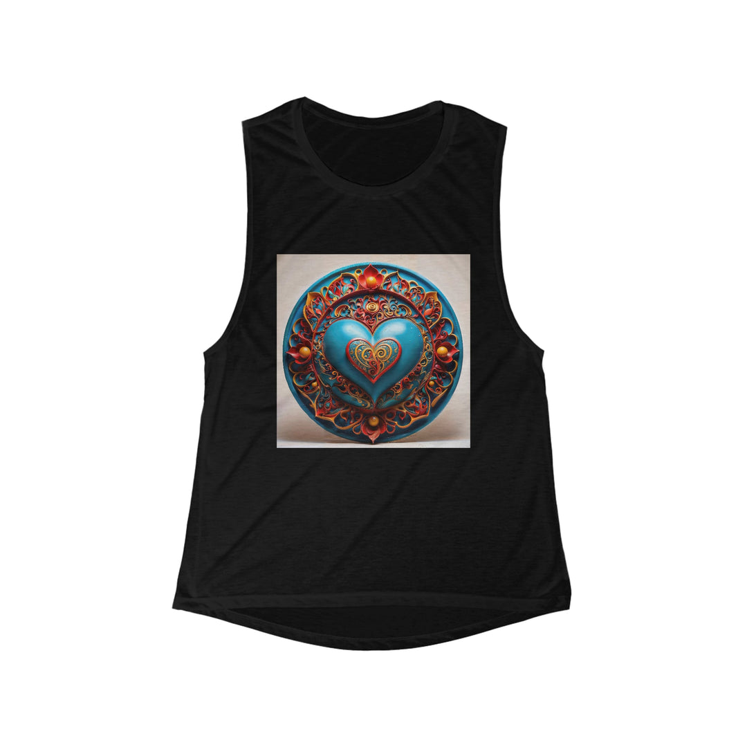 Ornate Heart Mandala - Women's Flowy Scoop Muscle Tank - Tank Top - g(0D·IO) - S - Black -