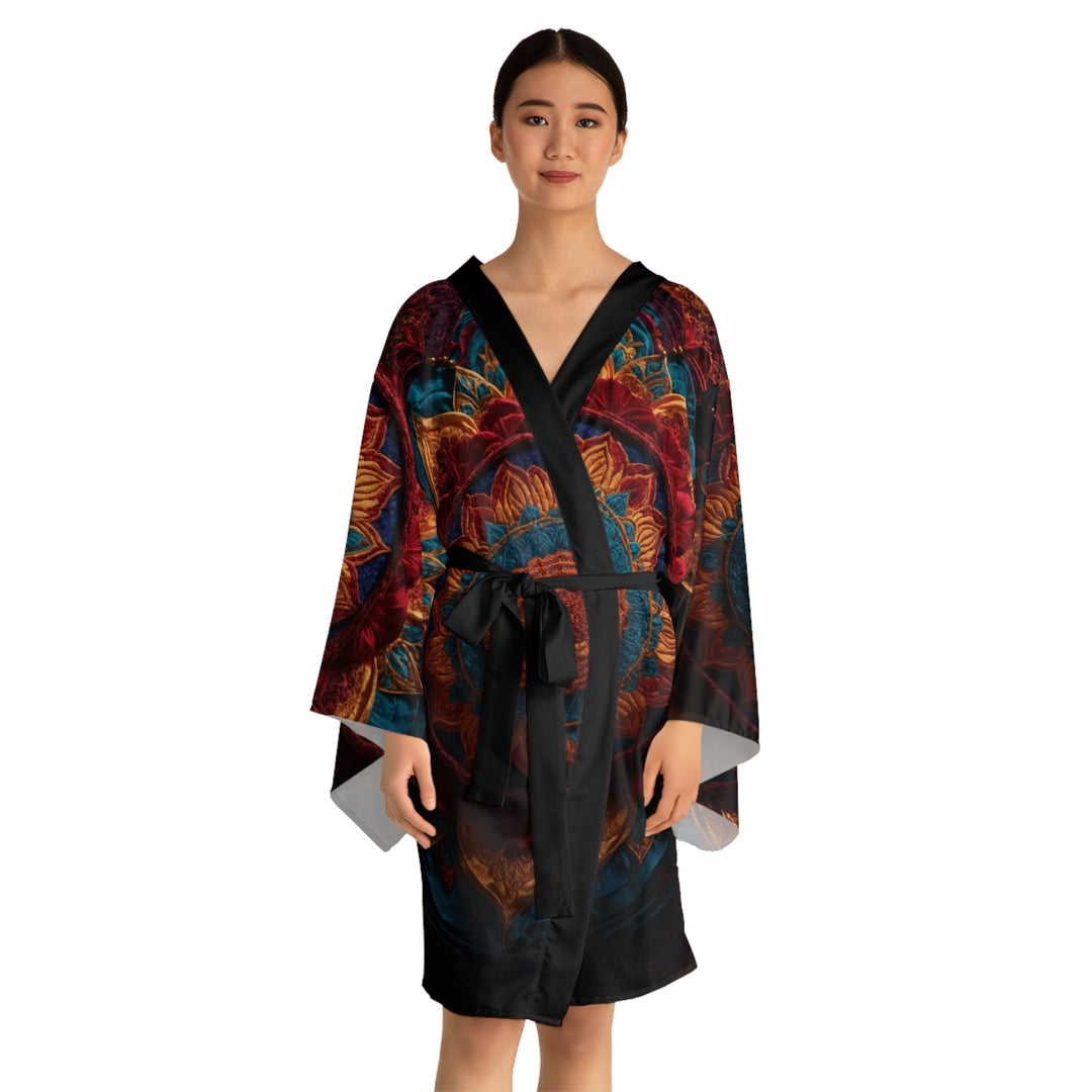 Ornate Textile Mandala - Long Sleeve Kimono Robe - All Over Prints - g(0D·IO) - XS - Black -