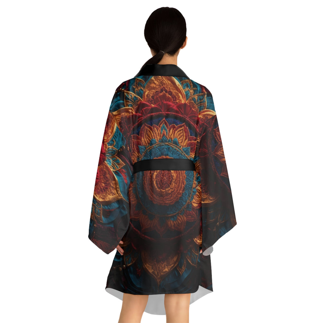 Ornate Textile Mandala - Long Sleeve Kimono Robe - All Over Prints - g(0D·IO) - XS - Black -