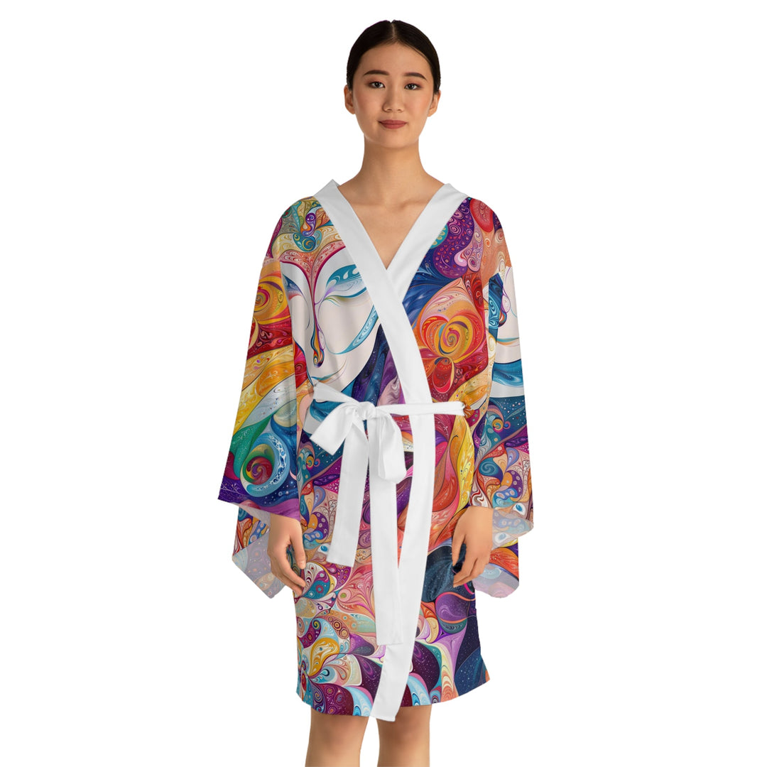 Psychedelic Dream Faces - Long Sleeve Kimono Robe - All Over Prints - g(0D·IO) - XS - Black -