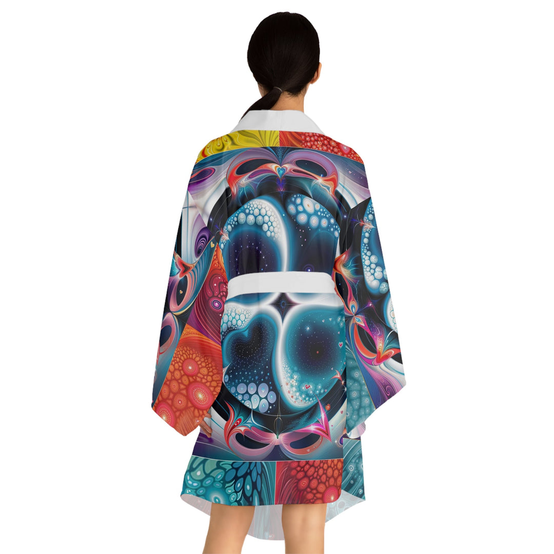 Psychedelic Fractal Blossom - Long Sleeve Kimono Robe - All Over Prints - g(0D·IO) - XS - Black -