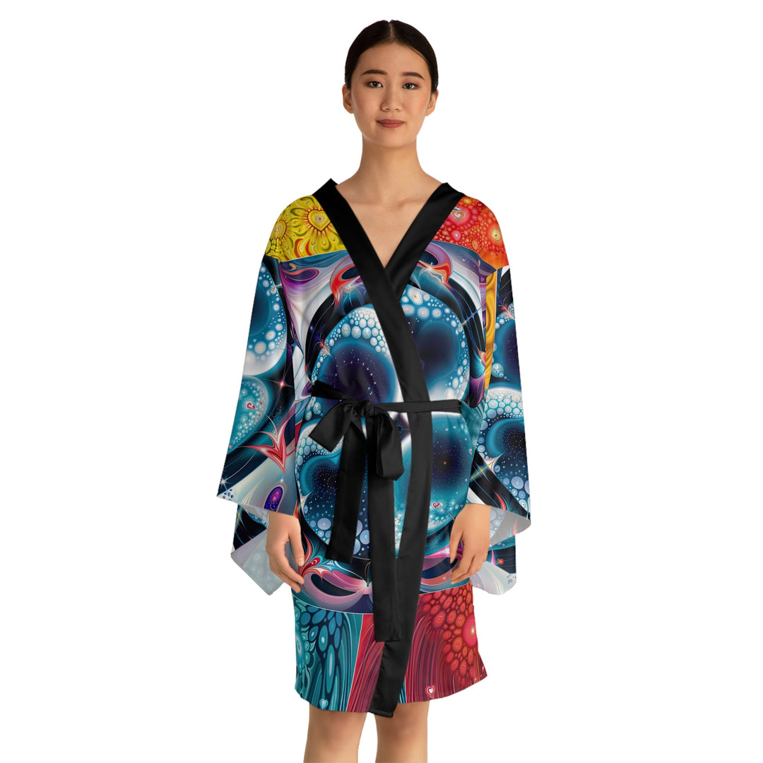 Psychedelic Fractal Blossom - Long Sleeve Kimono Robe - All Over Prints - g(0D·IO) - XS - Black -