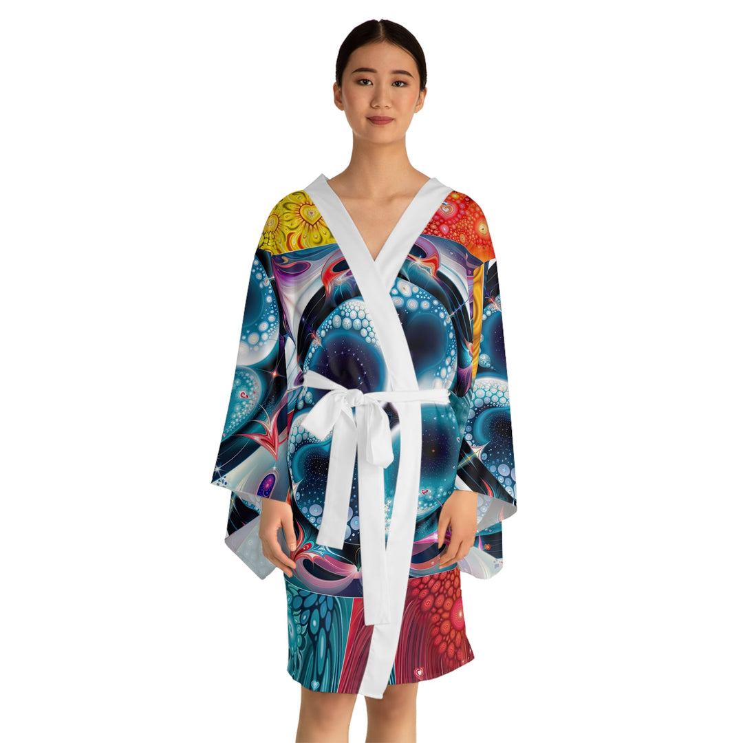 Psychedelic Fractal Blossom - Long Sleeve Kimono Robe - All Over Prints - g(0D·IO) - XS - Black -