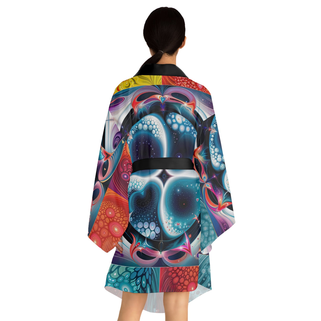 Psychedelic Fractal Blossom - Long Sleeve Kimono Robe - All Over Prints - g(0D·IO) - XS - Black -