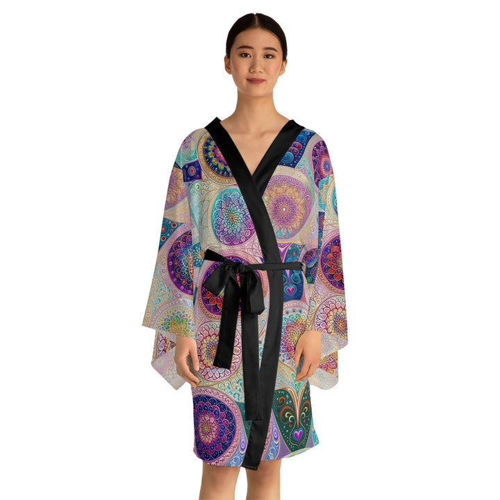 Psychedelic Mandala Love - Long Sleeve Kimono Robe - All Over Prints - g(0D·IO) - XS - Black -