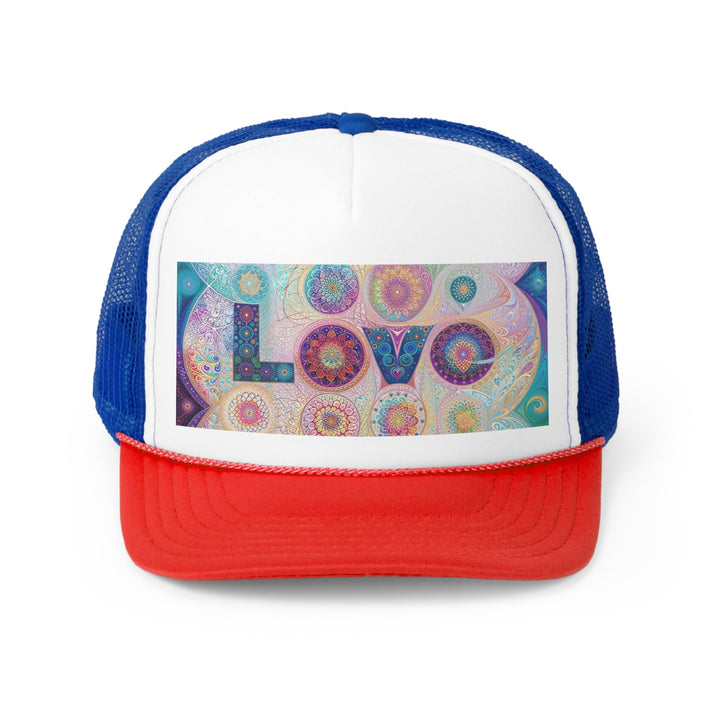 Psychedelic Mandala Love - Trucker Hat - Hats - g(0D·IO) - Blue/Red - One size -