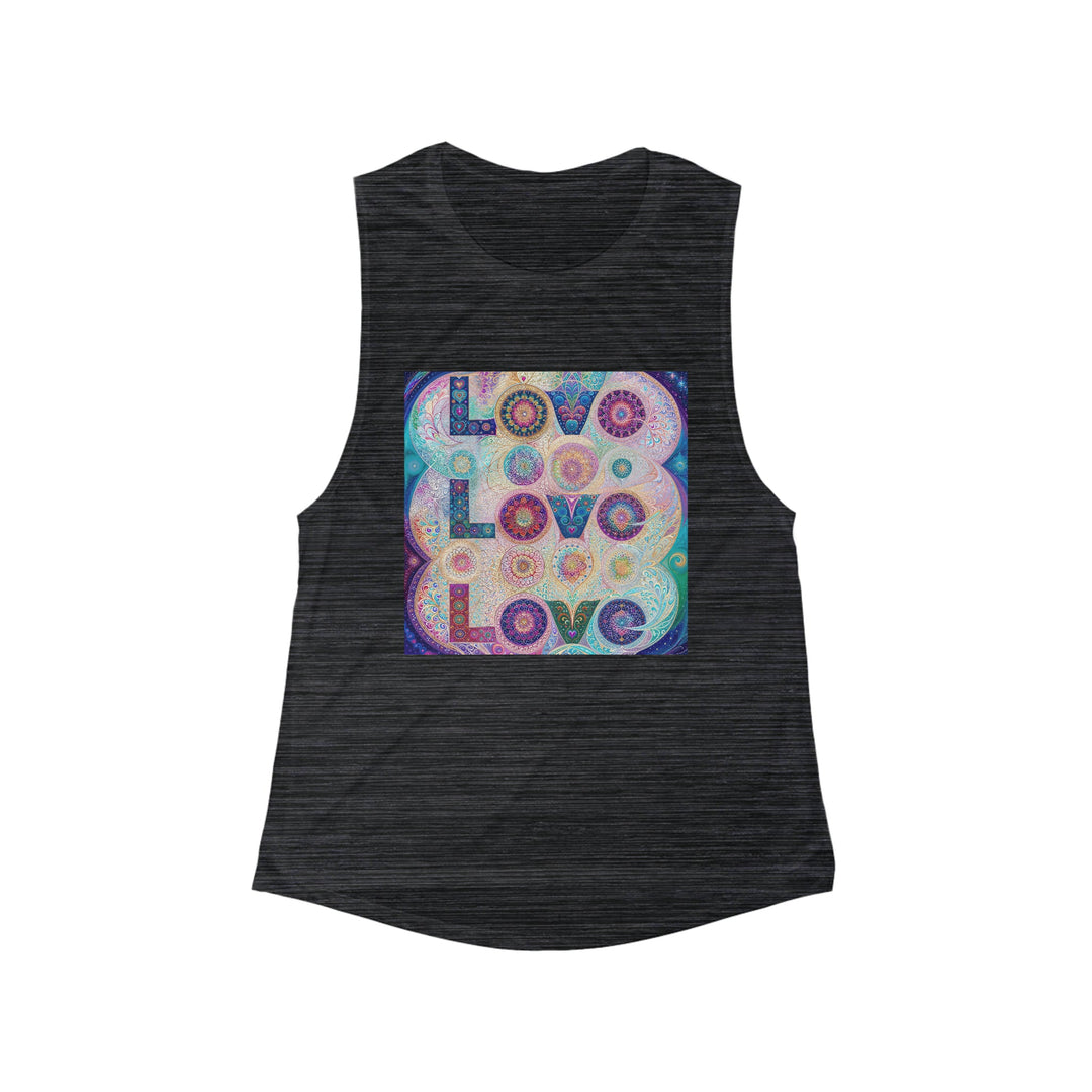 Psychedelic Mandala Love - Women's Flowy Scoop Muscle Tank - Tank Top - g(0D·IO) - S - Black Slub -