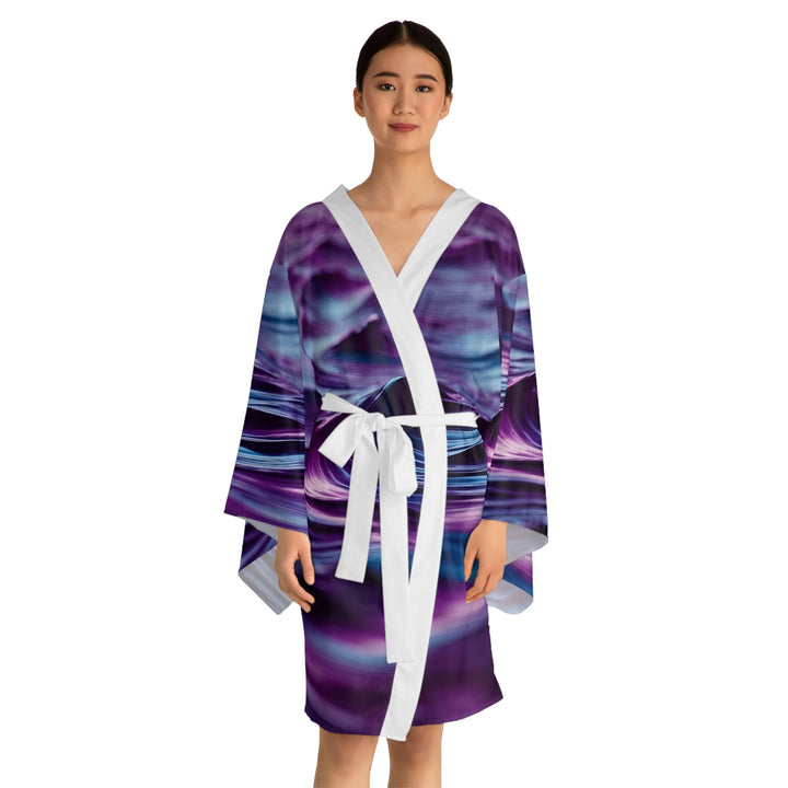 Purple Ocean Waves - Long Sleeve Kimono Robe - All Over Prints - g(0D·IO) - XS - Black -