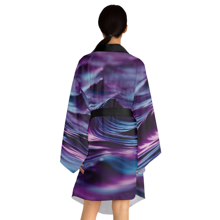 Purple Ocean Waves - Long Sleeve Kimono Robe - All Over Prints - g(0D·IO) - XS - Black -