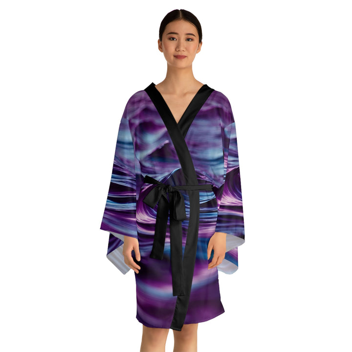 Purple Ocean Waves - Long Sleeve Kimono Robe - All Over Prints - g(0D·IO) - XS - Black -