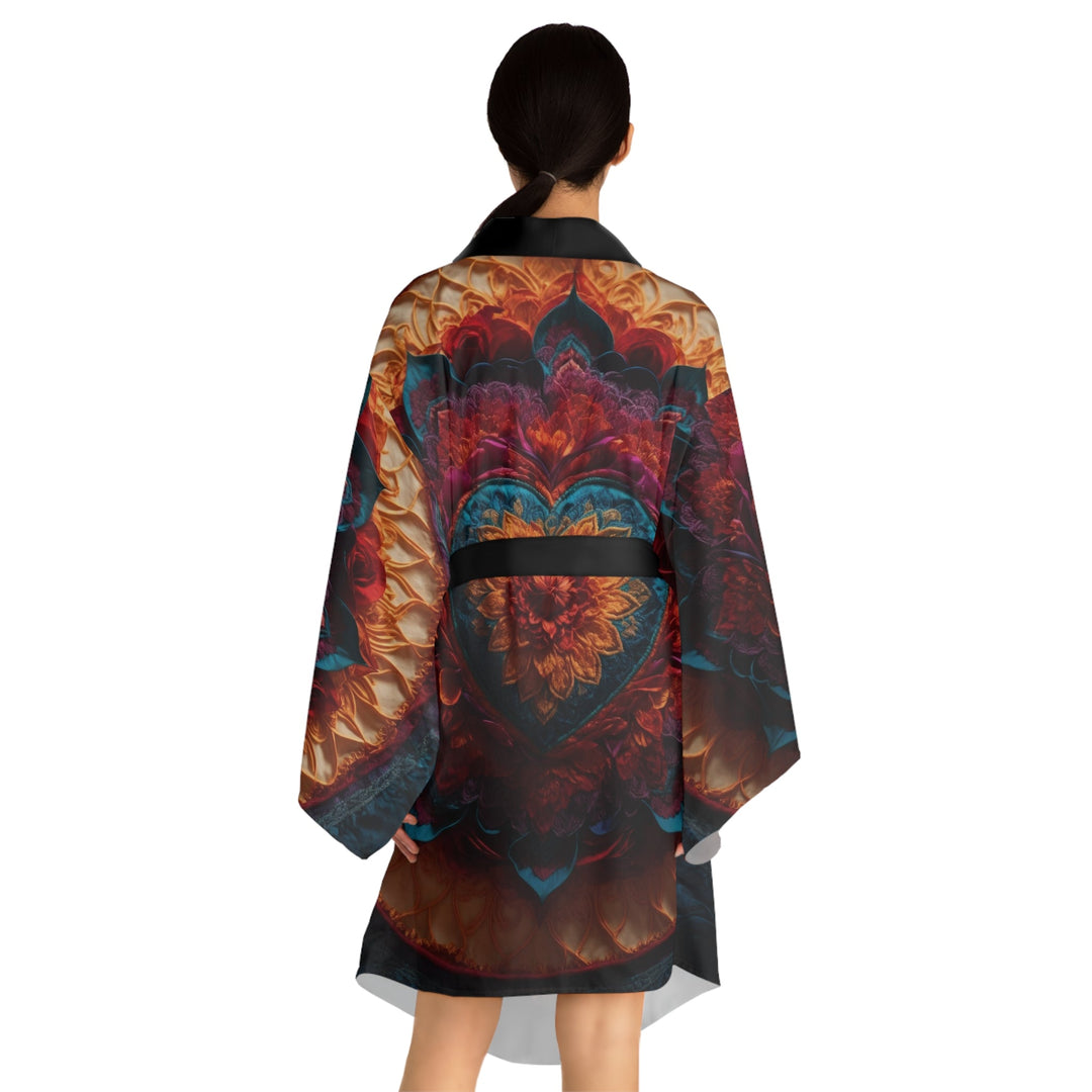 Radiant Floral Mandala - Long Sleeve Kimono Robe - All Over Prints - g(0D·IO) - XS - Black -