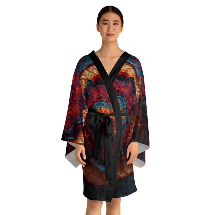 Radiant Floral Mandala - Long Sleeve Kimono Robe - All Over Prints - g(0D·IO) - XS - Black -