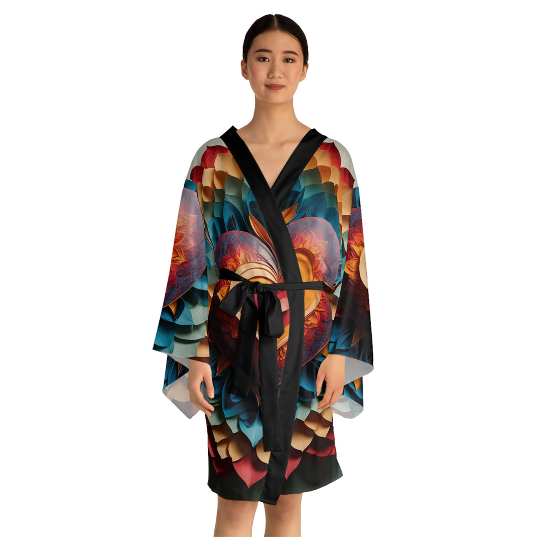 Radiant Heart Bloom - Long Sleeve Kimono Robe - All Over Prints - g(0D·IO) - XS - Black -