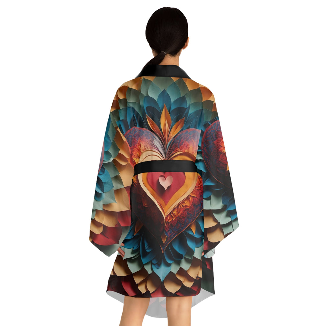 Radiant Heart Bloom - Long Sleeve Kimono Robe - All Over Prints - g(0D·IO) - XS - Black -