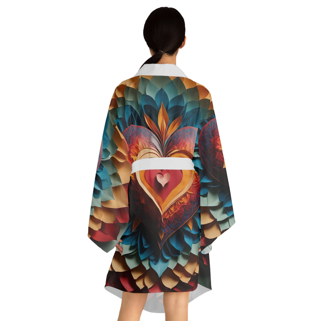 Radiant Heart Bloom - Long Sleeve Kimono Robe - All Over Prints - g(0D·IO) - XS - Black -