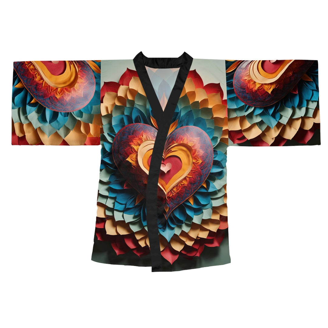 Radiant Heart Bloom - Long Sleeve Kimono Robe - All Over Prints - g(0D·IO) - XS - Black -