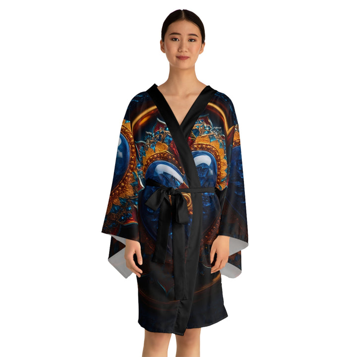 Sapphire Rose Mandala - Long Sleeve Kimono Robe - All Over Prints - g(0D·IO) - XS - Black -