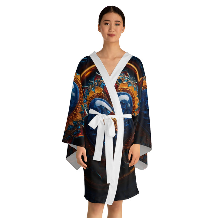 Sapphire Rose Mandala - Long Sleeve Kimono Robe - All Over Prints - g(0D·IO) - XS - Black -