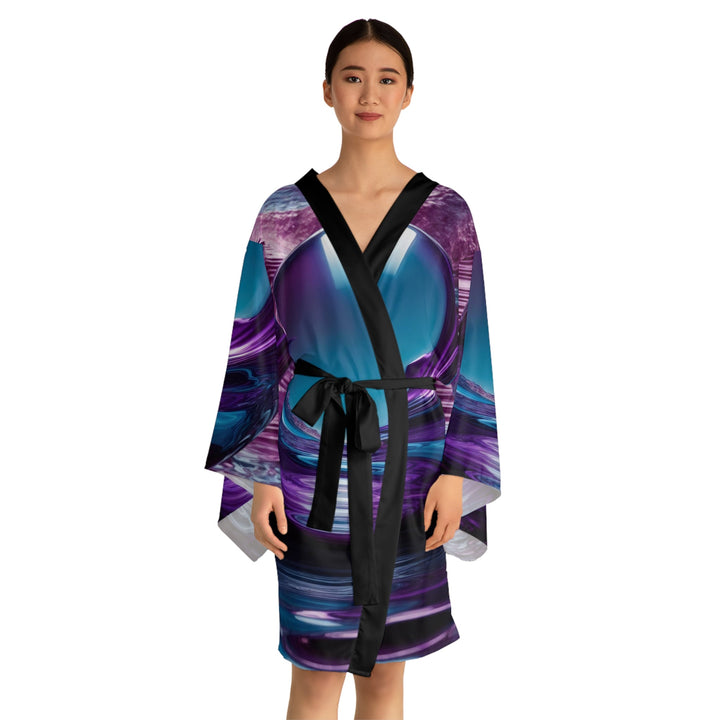 Spherical Amethyst Reflection - Long Sleeve Kimono Robe - All Over Prints - g(0D·IO) - XS - Black -