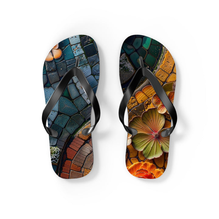 Spiraling Floral Mosaic - Flip Flops - Shoes - g(0D·IO) - S - Black sole -