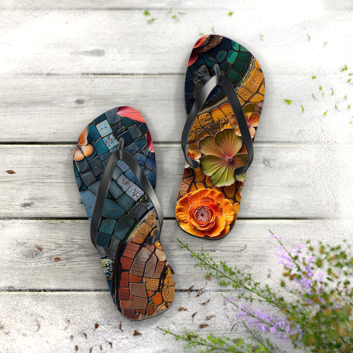 Spiraling Floral Mosaic - Flip Flops - Shoes - g(0D·IO) - XL - Black sole -