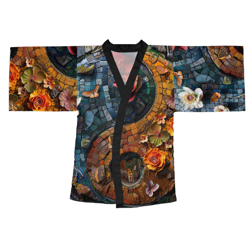 Spiraling Floral Mosaic - Long Sleeve Kimono Robe - All Over Prints - g(0D·IO) - XS - Black -