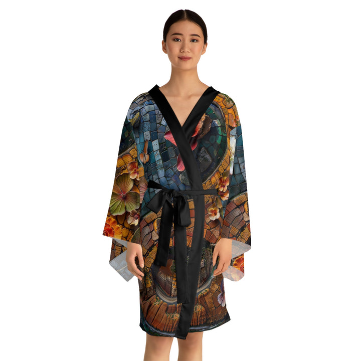 Spiraling Floral Mosaic - Long Sleeve Kimono Robe - All Over Prints - g(0D·IO) - XS - Black -