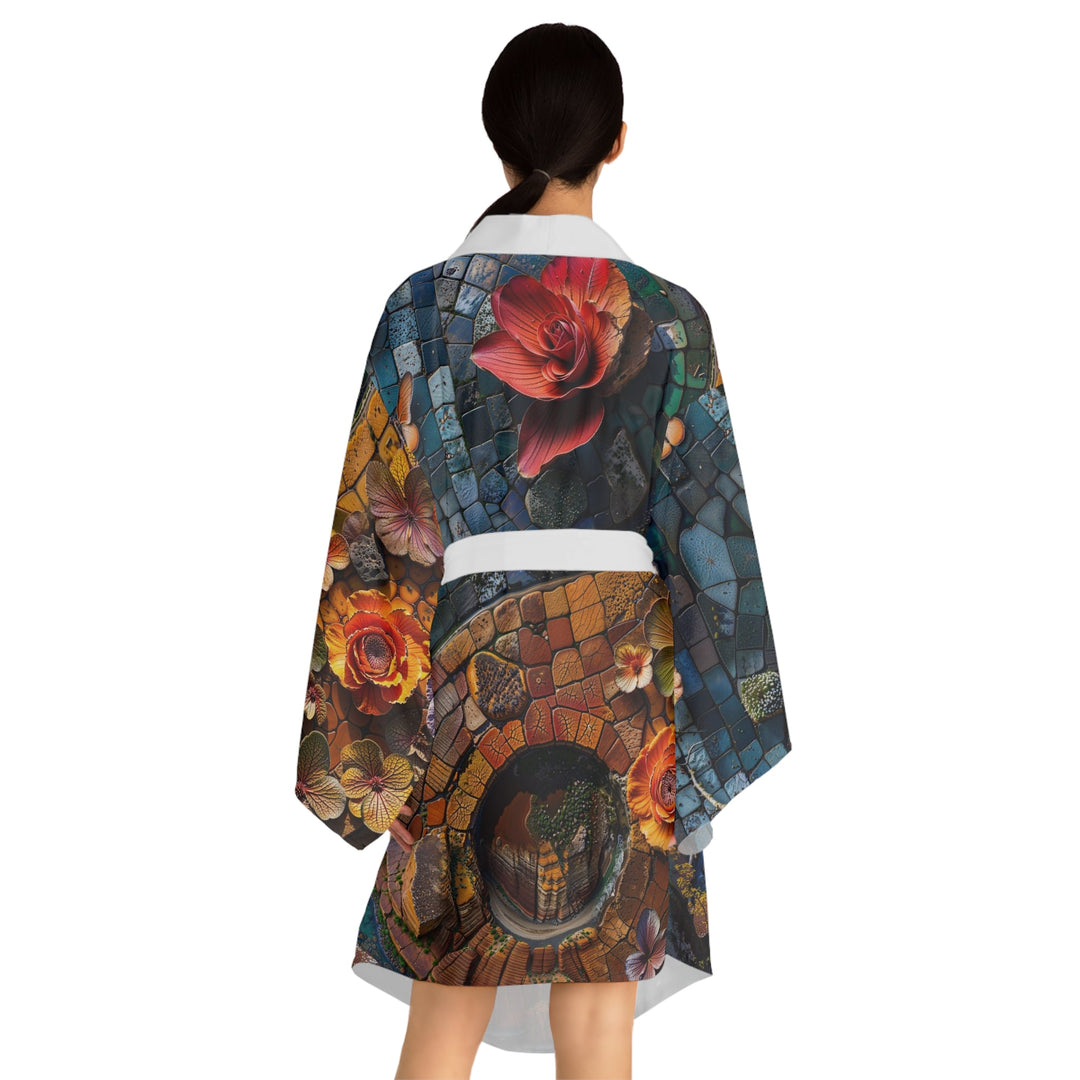 Spiraling Floral Mosaic - Long Sleeve Kimono Robe - All Over Prints - g(0D·IO) - XS - Black -