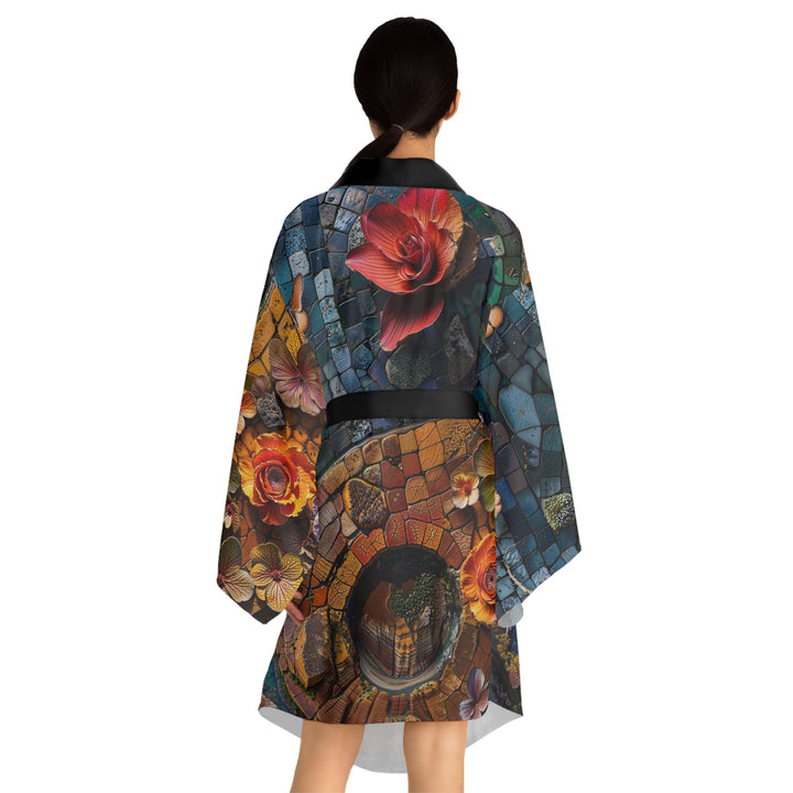 Spiraling Floral Mosaic - Long Sleeve Kimono Robe - All Over Prints - g(0D·IO) - XS - Black -