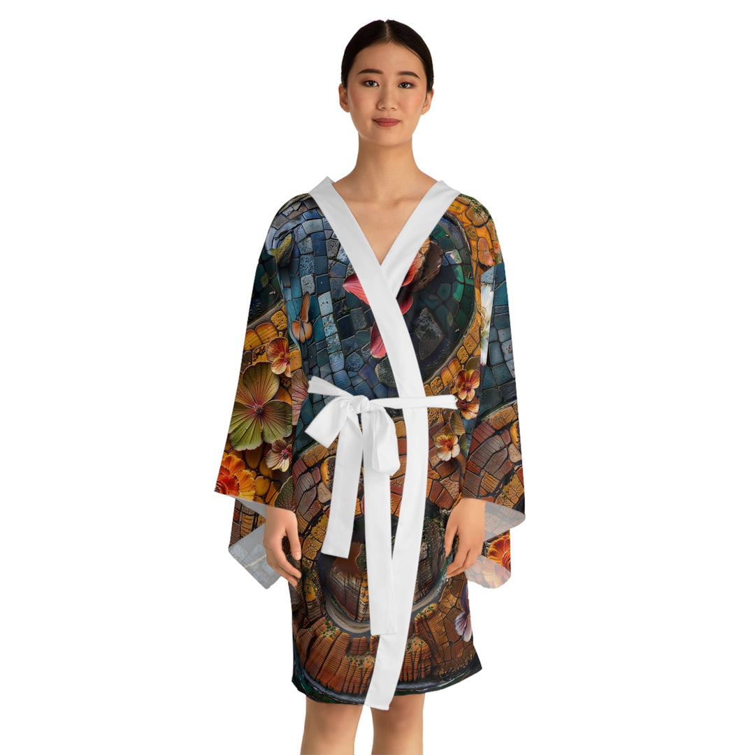 Spiraling Floral Mosaic - Long Sleeve Kimono Robe - All Over Prints - g(0D·IO) - XS - Black -