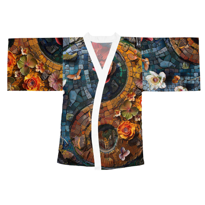 Spiraling Floral Mosaic - Long Sleeve Kimono Robe - All Over Prints - g(0D·IO) - XS - White -