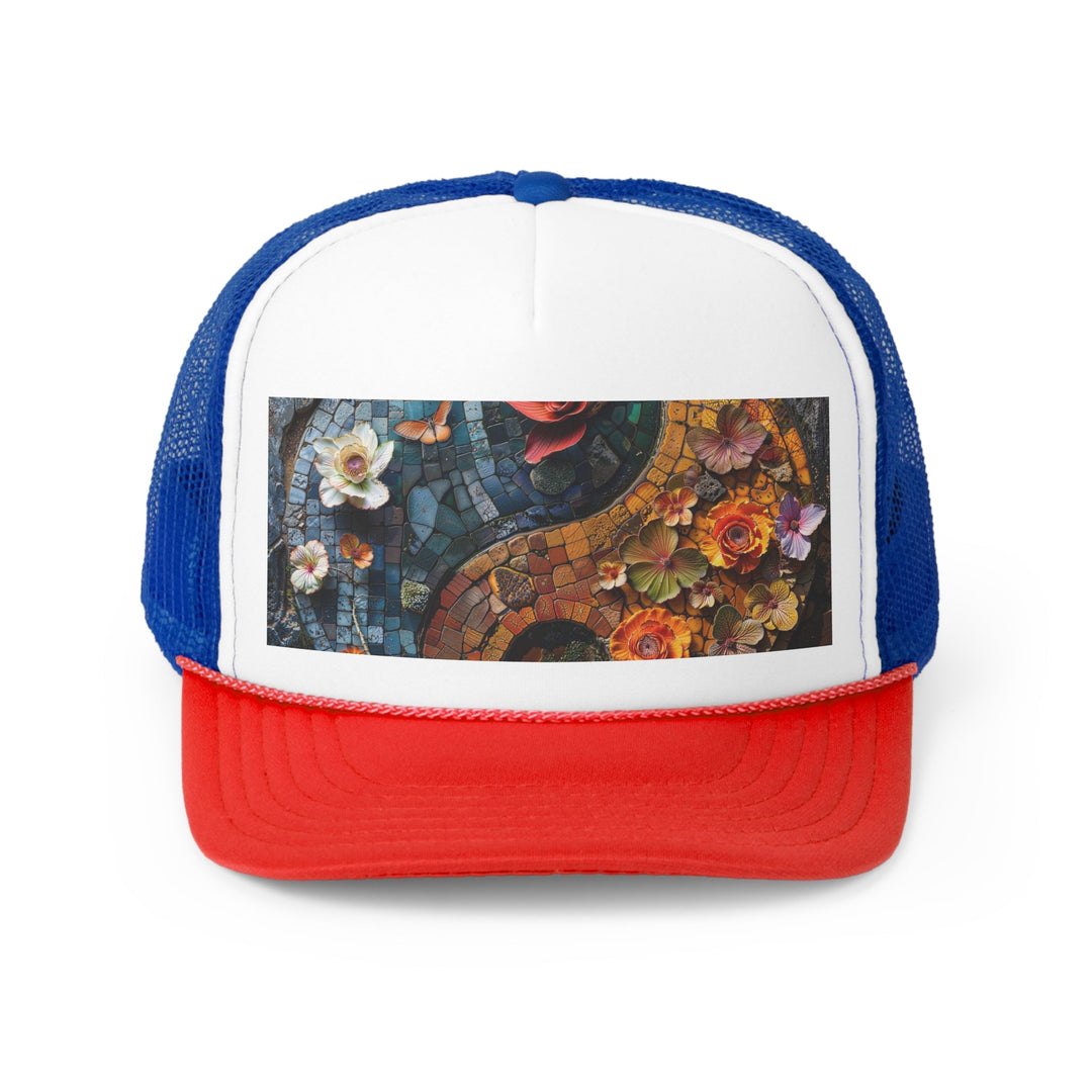 Spiraling Floral Mosaic - Trucker Hat - Hats - g(0D·IO) - Blue/Red - One size -