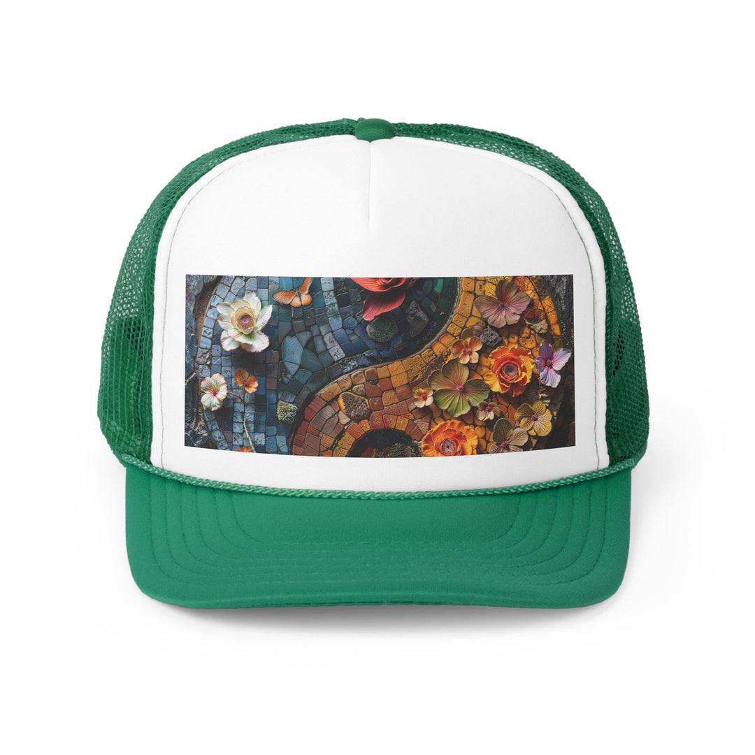 Spiraling Floral Mosaic - Trucker Hat - Hats - g(0D·IO) - Green - One size -