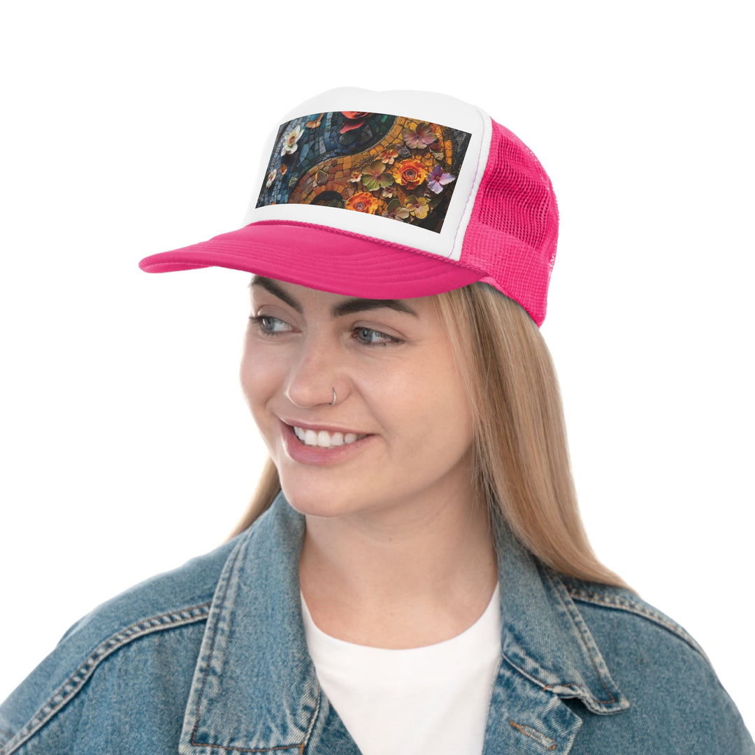 Spiraling Floral Mosaic - Trucker Hat - Hats - g(0D·IO) - Pink - One size -