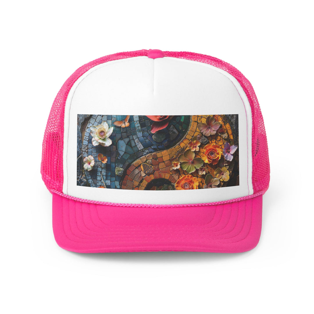 Spiraling Floral Mosaic - Trucker Hat - Hats - g(0D·IO) - Pink - One size -