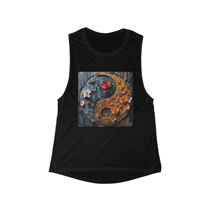 Spiraling Floral Mosaic - Women's Flowy Scoop Muscle Tank - Tank Top - g(0D·IO) - S - Black -